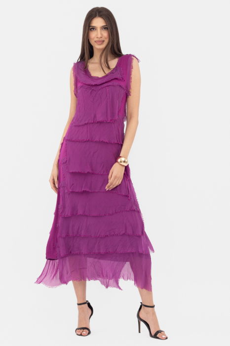 rochie-neagra-din-matase-naturala-cu-volane-franjurate-suprapuse-fara-maneci-copie-128539 Rochie magenta din matase si vascoza cu volane franjurate suprapuse, fara maneci - imagine 1