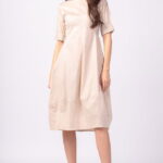 Rochie bej, lalea, cambrata, cu fermoar, din poplin de bumbac