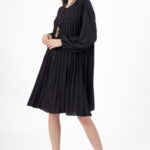 Rochie plisata midi,  A-line cu maneca lunga cu elastic, neagra