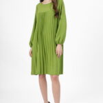 Rochie plisata midi,  A-line cu maneca lunga cu elastic, verde deschis