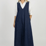 Rochie sarafan lunga, masura mare, cu decolteu in V din denim