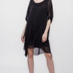 Rochie midi, dreapta, din matase si vascoza, cu funda pe spate, neagra