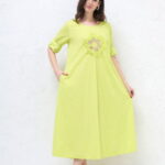 Rochie lunga A-line cu floare paiete aurii mate, din poplin de bumbac, verde lime