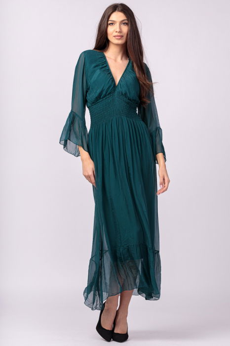 rochie-verde-din-matase-naturala-cu-banda-elastica-in-talie-si-volane-copie-6382668426 Rochie turcoaz din matase si vascoza cu banda elastica in talie si volane - imagine 1