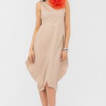 Rochie din poplin de bumbac petrecuta, cu colturi laterale, bej
