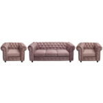 Set CHESTERFIELD 3-1-1, canapea extensibila 3 locuri si 2 fotolii fixe, roz prafuit