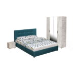 Set dormitor ECONO, 4 piese, pat 140x200 cm, dulap 4 usi, 2 noptiere, pin antichizat + turcoaz