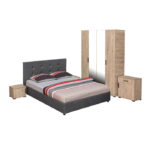 Set dormitor ECONO, 5 piese, pat 160x200 cm, dulap 4 usi, comoda, 2 noptiere, sherwood + gri