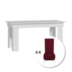Set masa MONTILLA dreptungiulara cu 6 scaune VANESSA, alb + piele ecologica bordo, 160x80x75 cm