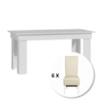 Set masa MONTILLA dreptungiulara cu 6 scaune VANESSA, alb + piele ecologica crem, 160x80x75 cm