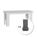 Set masa MONTILLA dreptungiulara cu 6 scaune VANESSA, alb + piele ecologica gri, 160x80x75 cm