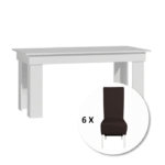 Set masa MONTILLA dreptungiulara cu 6 scaune VANESSA, alb + piele ecologica maro inchis, 160x80x75 cm
