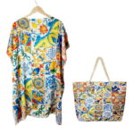 Set rochie tip poncho din matase si geanta mare de vara cu model marocan cu lamai in culori vibrante