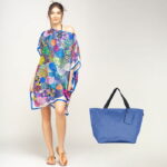 Set rochie tip poncho din matase si geanta mare de vara, in nuante de albastru
