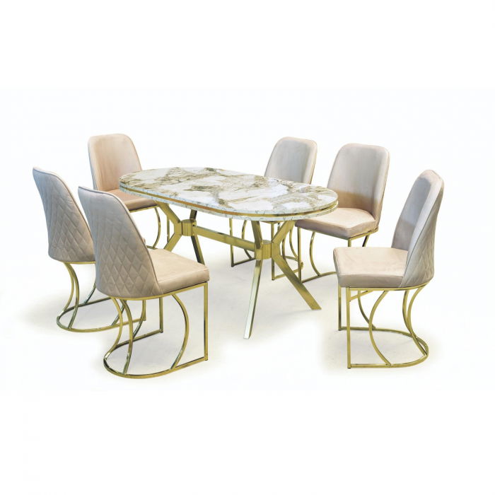 set-timara-masa-cu-6-scaune-ovala-6-persoane-marmura-auriu-bej-160x80-cm-576722 Set TIMARA, masa cu 6 scaune, ovala, 6 persoane, marmura efes + auriu + bej, 160x80 cm - imagine 1