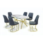 Set TIMARA, masa cu 6 scaune, ovala, 6 persoane, marmura calcutta + auriu + gri, 160x80 cm