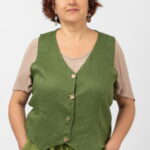 Vesta trendy din in cu colturi si nasturi de lemn, verde olive