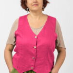 Vesta trendy din in cu colturi si nasturi de lemn, fucsia