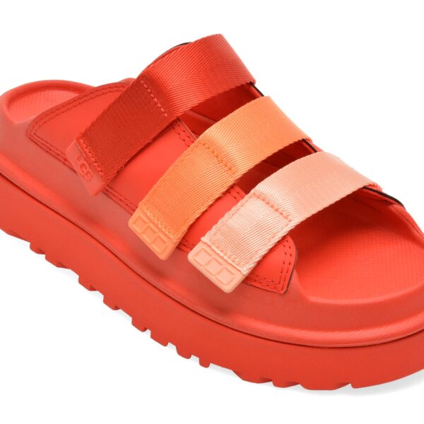 Slapi Femei UGG rosii, GOLDENGLOW SLIDE, din piele ecologica