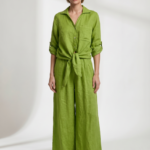 Pantaloni de vara din in cu croiala ampla si pliuri in talie, verde olive