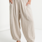 Pantaloni de vara din in si vascoza cu croi balon oversized, bej