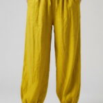 Pantaloni de vara Harem, din in, croi balon, cu siret in talie, galbeni