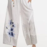 Pantaloni de vara largi din in alb cu imprimeu floral artistic