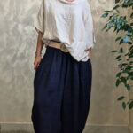 Pantaloni de vara din in cu croi balon oversized si talie elastica, bleumarin