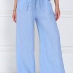 Pantaloni largi de vara, din in cu croi lejer si curea din sfoara, bleu