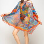 Rochie de plaja tip poncho cu mandale multicolore si margine rosie cu portocaliu, matase si vascoza