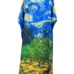 Rochie de plaja lunga tip poncho din matase cu reproducere dupa   Noaptea Instelata  a lui Van Gogh