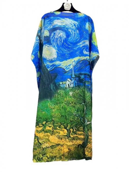 Rochie de plaja lunga tip poncho din matase cu reproducere dupa   Noaptea Instelata  a lui Van Gogh - imagine 1