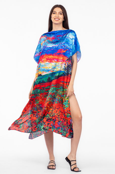 rochie-de-plaja-lunga-tip-poncho-din-matase-cu-pictura-impresionista-camp-cu-flori-cu-aspect-de-panza-copie-236226 Rochie de plaja lunga tip poncho din matase cu pictura camp de maci si cer albastru - imagine 1