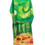 Rochie verde de plaja lunga tip poncho din matase cu reproducere dupa    Noapte Instelata deasupra Rhonului   de Claude Monet