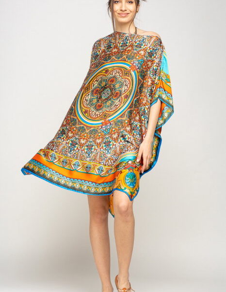 Rochie de plaja tip poncho din matase cu mandala centrala in chenar portocaliu si albastru