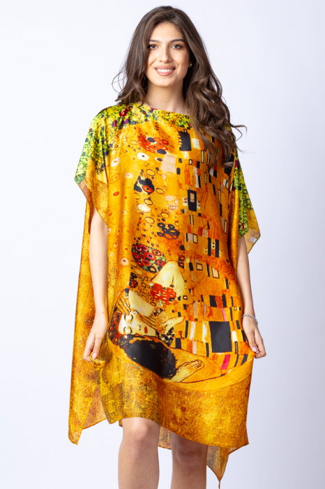 rochie-de-plaja-tip-poncho-din-matase-cu-stilizare-sarutul-pe-fond-galben-740178 Rochie de plaja tip poncho din matase cu stilizare Sarutul pe fond galben - imagine 1