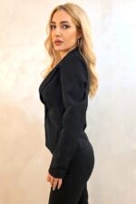 Blazer subtire, scurt MIREA, cu buzunare decorative, Negru - imagine 2