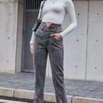 Blugi dama Lisa, cu talie inalta si croiala mom fit, Gri