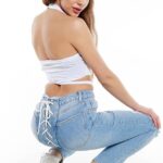 Blugi dama Riky, mom fit cu snur posterior, Albastru