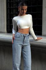 Blugi dama Stone Crystal, croiala wide leg cu elastan si paiete, Albastru zapada
