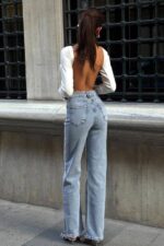 Blugi dama Stone Crystal, croiala wide leg cu elastan si paiete, Albastru zapada - imagine 2