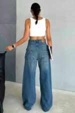 Blugi dama TraFIK, cu buzunar stilizat si croiala large wide leg, Albastru - imagine 2