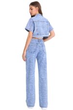 Blugi de dama Phoenix Wave, croiala relaxed fit, cu imprimeu geometric, Albastru - imagine 2