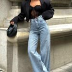 Blugi evazati Veyra, croi wide leg cu cristale, Albastru deschis