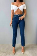 Blugi mom fit Acapulco, cu talie inalta si usor elastici, Albastru indigo