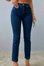 Blugi mom fit Acapulco, cu talie inalta si usor elastici, Albastru indigo - imagine 2