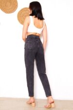 Blugi mom slim ThaLeea, cu talie inalta si croiala conica, Gri - imagine 2