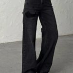 Blugi MYLANO wide leg cu elastan si perforatii, Negru Antracit