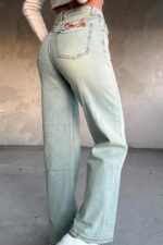 Blugi prespalati brodati wide leg Rio Grande, cu super elastan, Gri albastrui - imagine 2