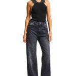 Blugi prespalati Luneth, croiala loose fit oversize cu cristale aplicate, Negru